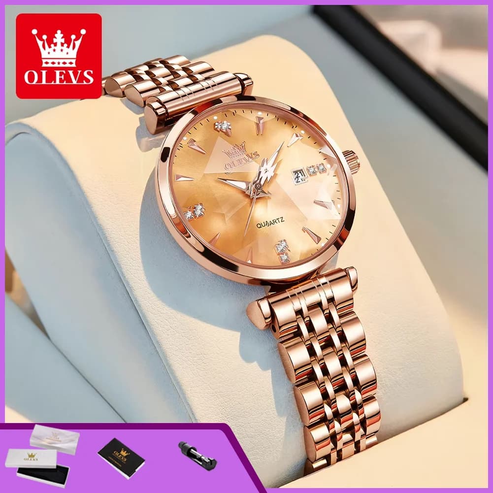 OLEVS 5536 Women's Quartz Watches, Luxurious Rose Gold Steel Strap, Romboidal Glass, Luminous and Waterproof Women's wristwatch