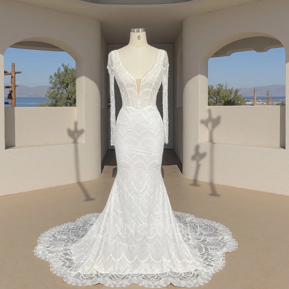 Boho scollo a V pizzo spiaggia abito da sposa maniche lunghe abiti da sposa boda sirena corte dei treni formale personalizzato