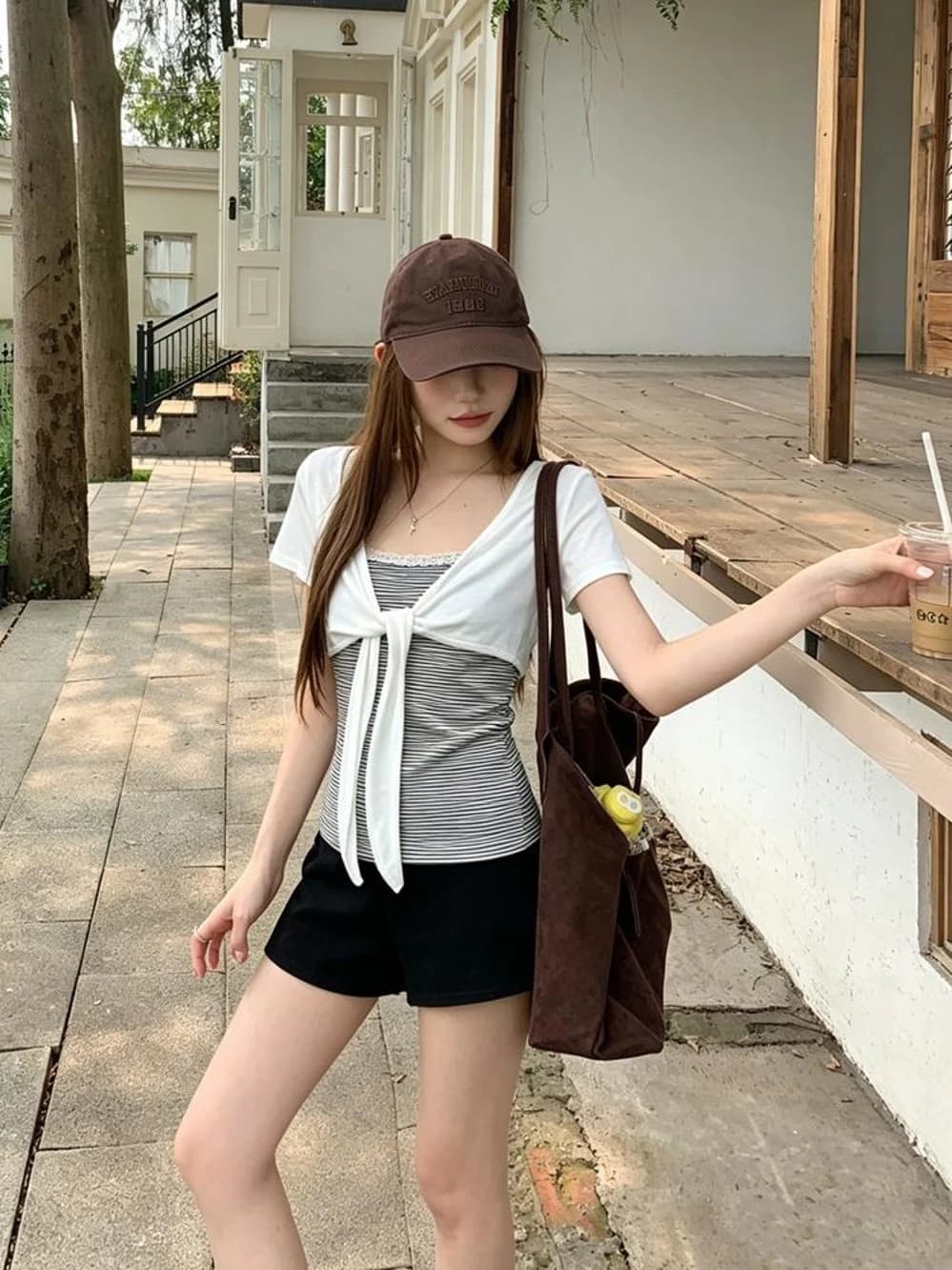 Summer 2026 Korean Style Slim Fit Short Sleeve T-Shirt Women's Fashion Design Stripe Splicing Lace Tie Belted Fake Two-Piece Top
