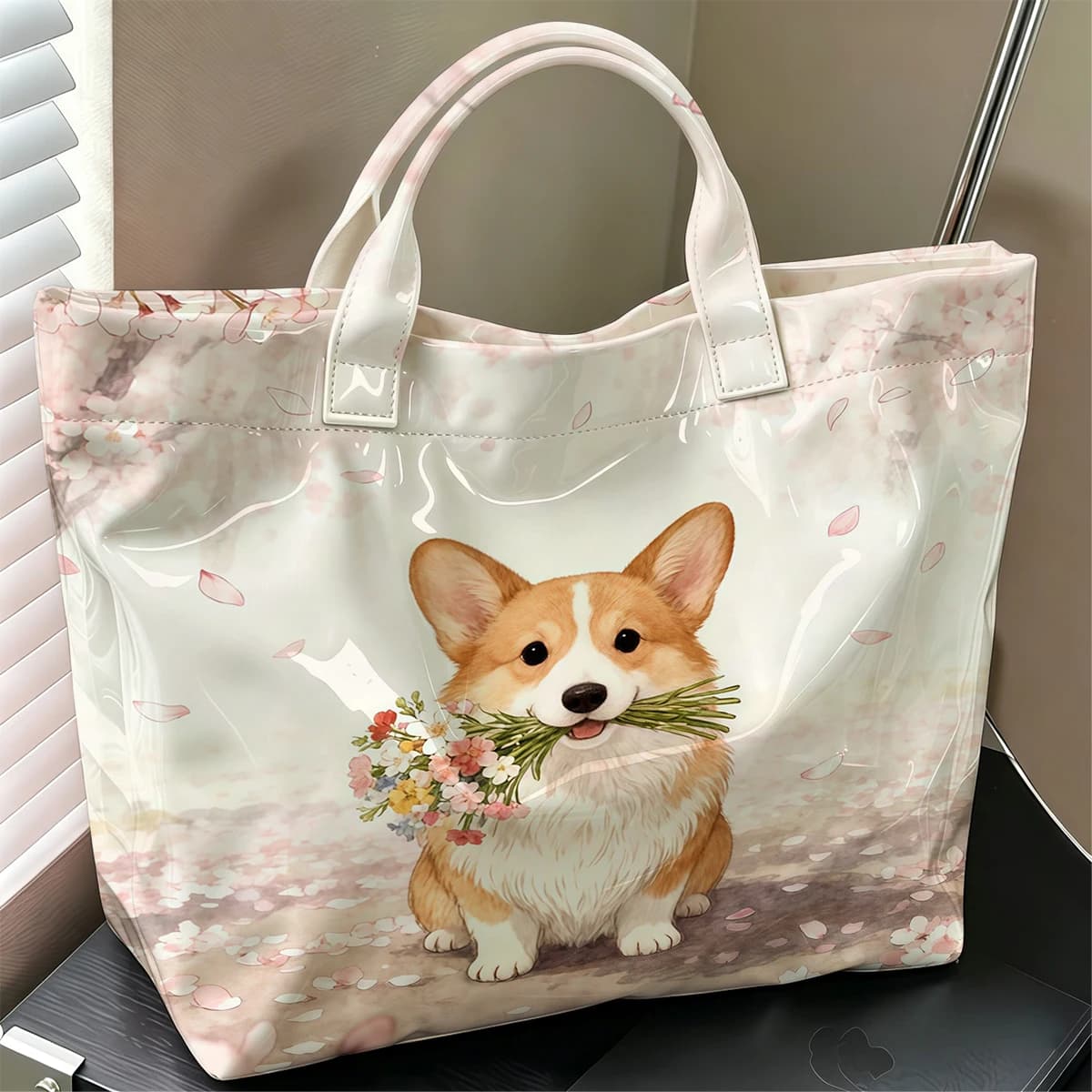 Corgi & Cherry Blossoms Fashion Large Glossy PVC Tote Bag Hand Washable Waterproof Perfect Travel Commute Cosmetic Shopper