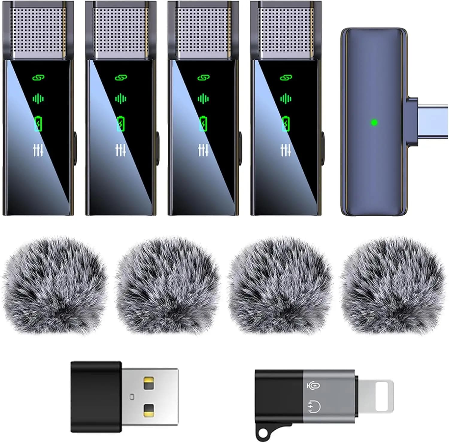 4 Microfoni Lavalier Wireless per iPhone Android PC, USB-C/Lightning, Cancellazione del Rumore 48KHz per Video Podcast Vlog