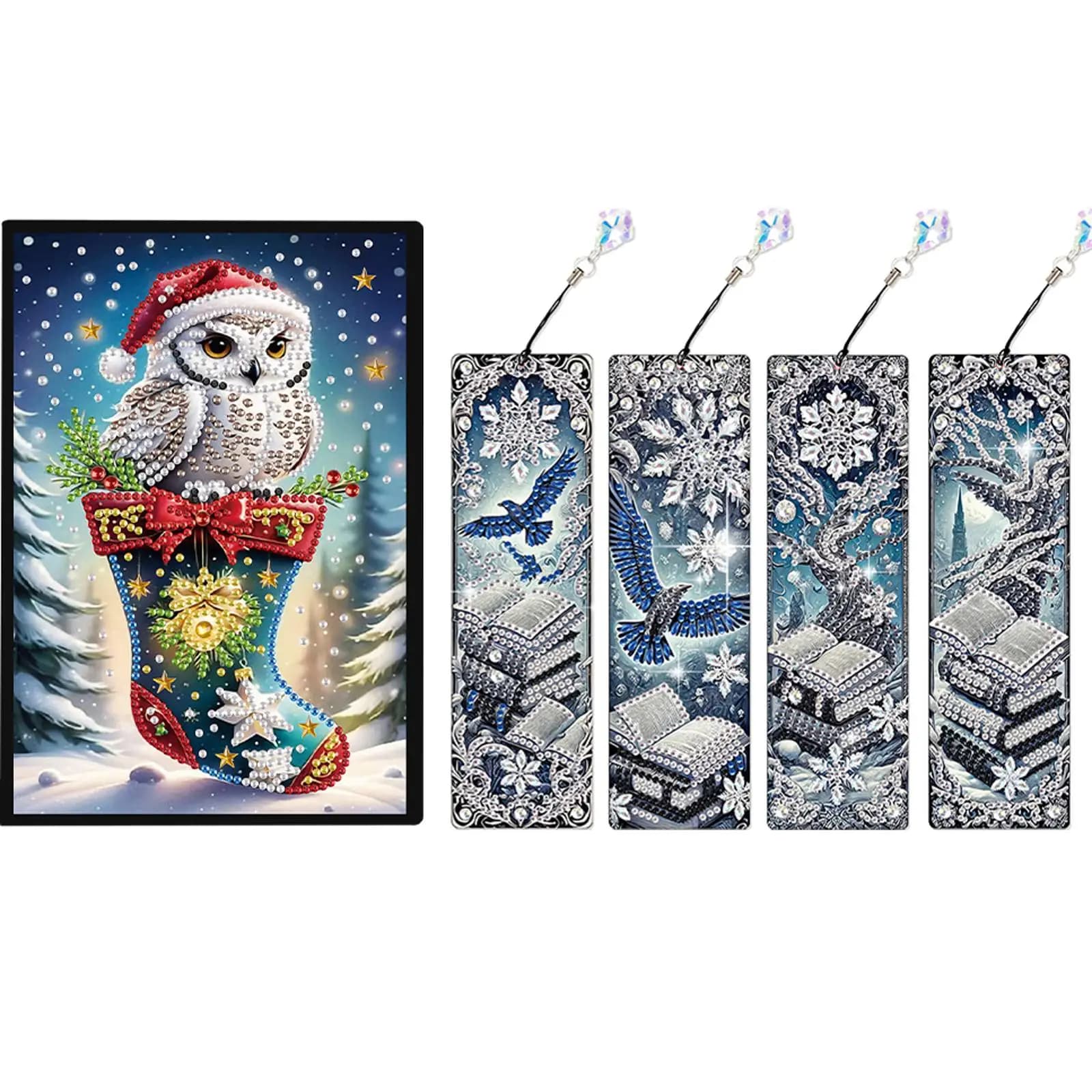 Set di Quaderni con Pittura Diamantata a Tema Gufo Natalizio Formato A5 con 4 Segnalibri in Regalo