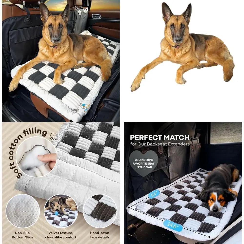 Prolunga per seggiolino auto per cani - Cuscino antiscivolo, tappetino da viaggio per animali domestici, fodera lavabile, plaid nero, 54x24,8