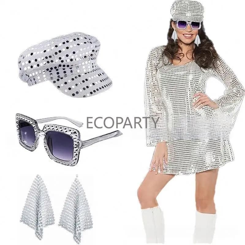2024 3PCS/5PCS 70s Disco Costume Accessories Set Women 80s Disco Earrings Sequin Hat Sunglasses Stage Performance Props Ecoparty