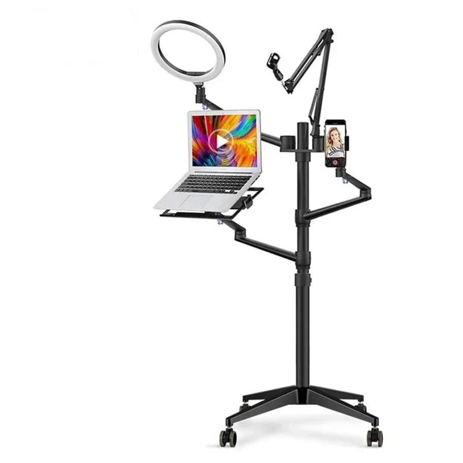 Nuovissimo Supporto da Pavimento All-in-One 2026 con Braccio Multimicrofono e Luce LED ad Anello da 10 Pollici per Laptop da 12-17 Pollici