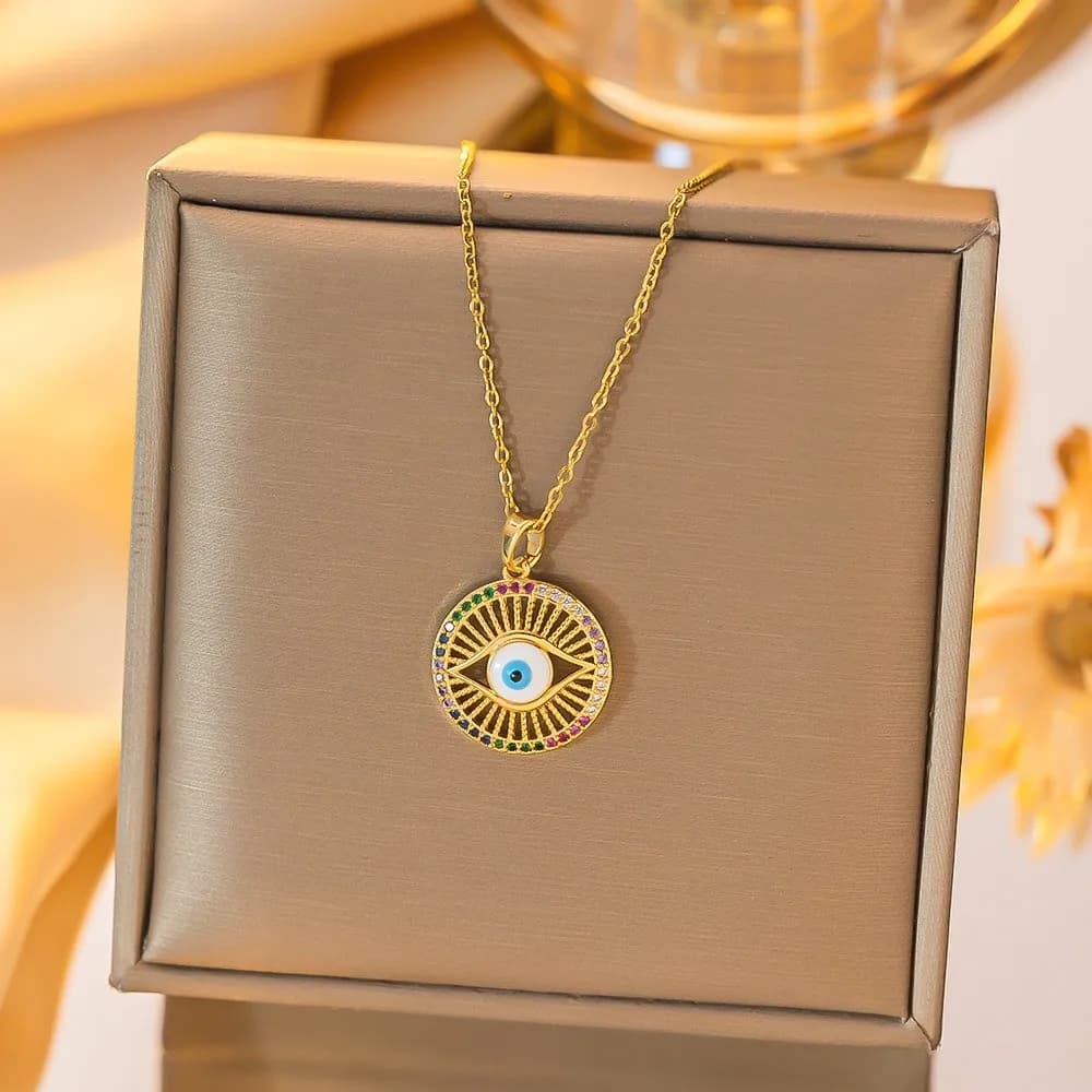 Collana Occhio del Diavolo Plissettata in Acciaio al Titanio con Ciondolo Smaltato, Lussuosa e di Tendenza