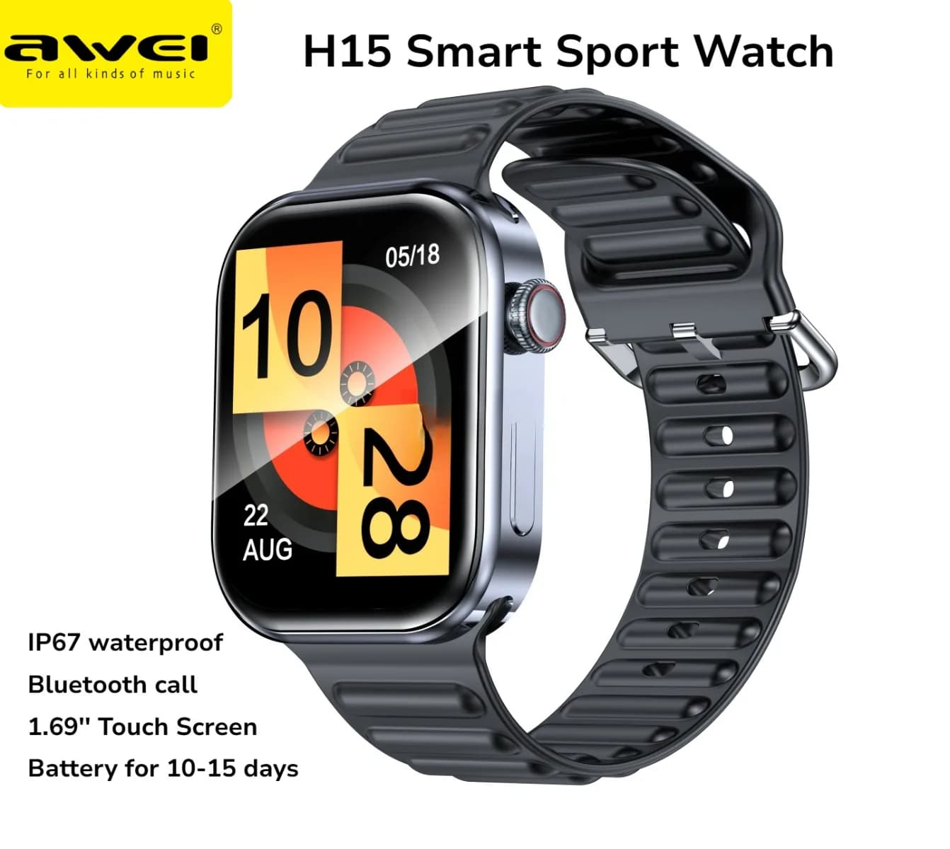 Smartwatch AWEI H15 per Monitoraggio Dati Fitness e Salute, Orologio Digitale Bluetooth da Polso, Impermeabile IP67, Chiamate Sportive, Lunga Durata della Batteria, per Uomo