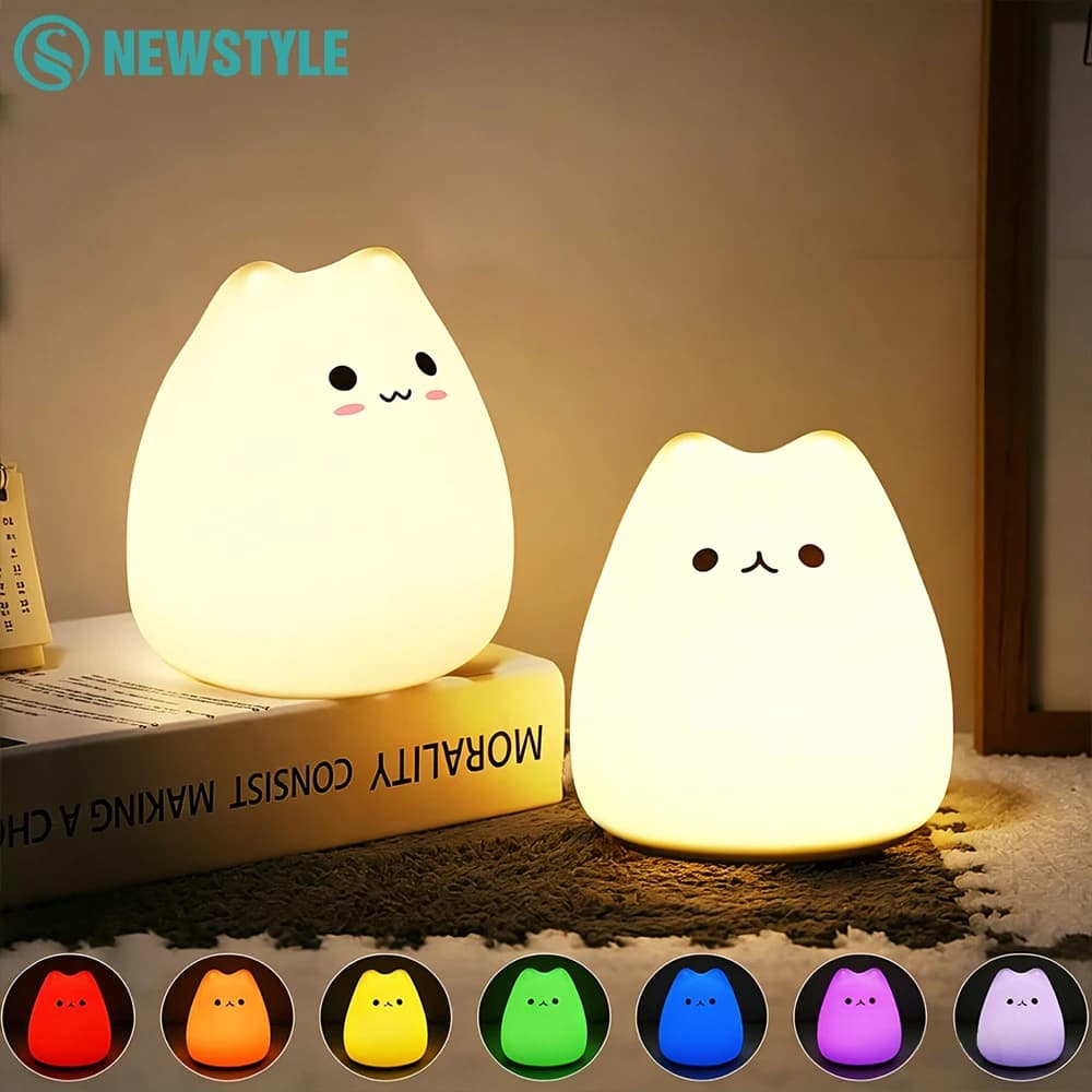Luce notturna a forma di gatto, RGB con cambio colore, luci notturne per cameretta con luce bianca calda e 7 modalità di illuminazione a effetto respiro per bambini e neonati.