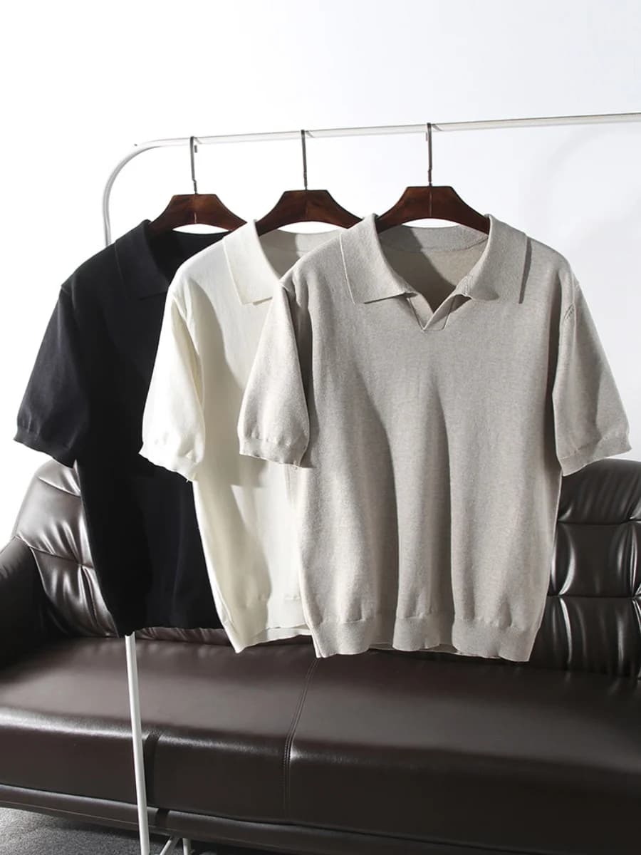 Maglietta Casual da Uomo in Maglia a Collo Cubano, Stile Italiano, Doppio Strato, 18 Aghi, Elastica e Traspirante, Primaverile