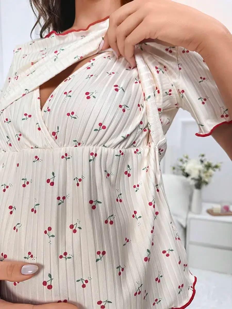 Maternity Cherry Print Pleated Nursing Top And Shorts Pajama Set