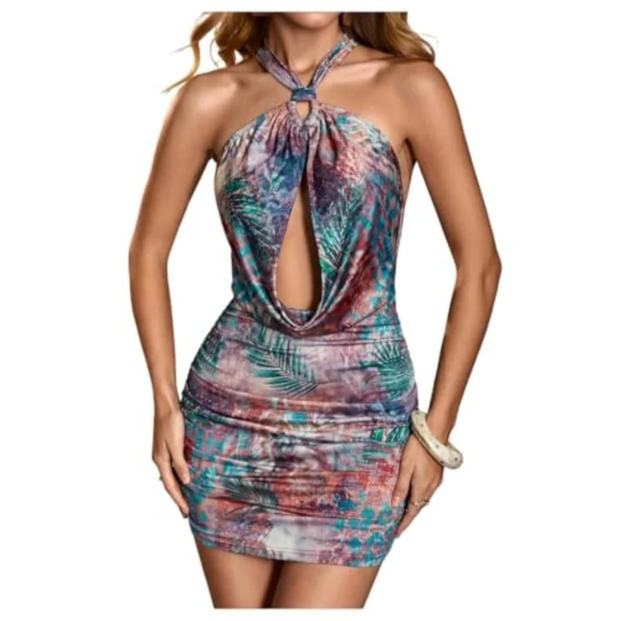 SHENHE Abito Mini Bodycon da Donna Sexy con Scollo a V Profondo, Schiena Scoperta, Anello a O e Catena, Arricciato