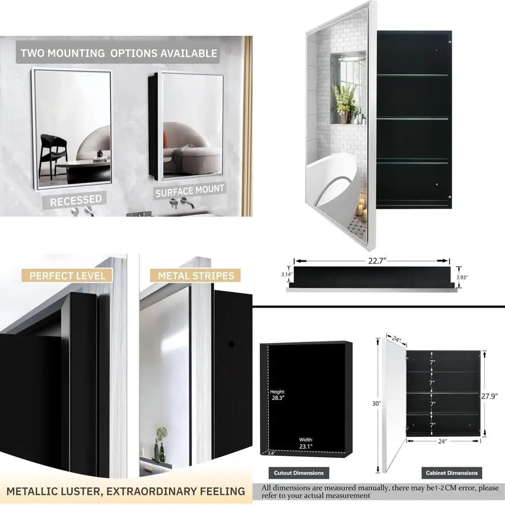 Armadietto per medicinali con specchio 24x30 pollici, in nichel spazzolato, mobiletto da bagno stile rustico (a incasso o a superficie)