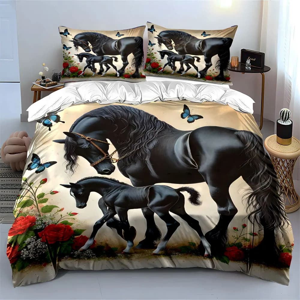 Set copripiumino con cavalli neri, farfalle e rose, design con stampa 3D, set biancheria da letto in morbido poliestere, comfort per tutte le stagioni