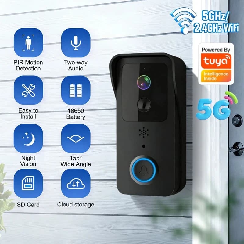 5G/2.4G WiFi Video Doorbell 1080P Tuya Smart Outdoor Wireless Intercom Waterproof Wireless Camera PIR Motion Ringing Bell