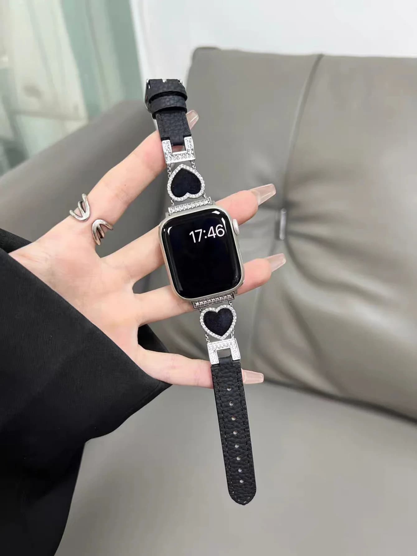 Excellent Love luxury leather ring bracelet for Apple Watch series S10/8/7/6/4/5/9 40mm 41mm 44mm 45mm 46mm