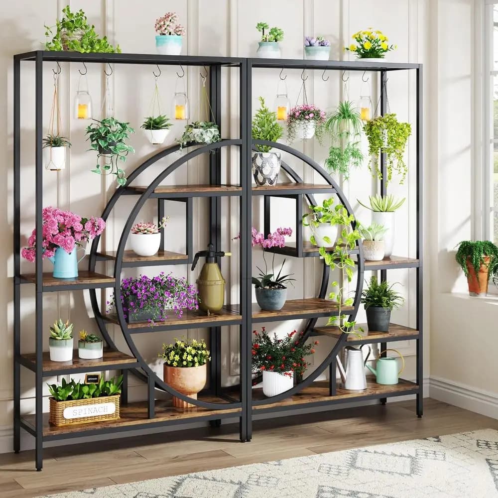 Supporto per Piante da Interno a 7 Livelli, Scaffalatura a Forma di Luna Alta 70,9 Pollici con 6 Ganci, Adatto per Vasi Grandi, Ideale per Casa, Giardino