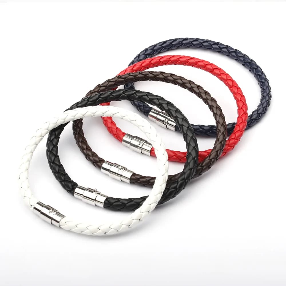 Trendy Men Women Leather Bracelet 21cm Summer Colorful Braided Punk Bracelet Stainless Steel Charm Couple Wristband Jewelry