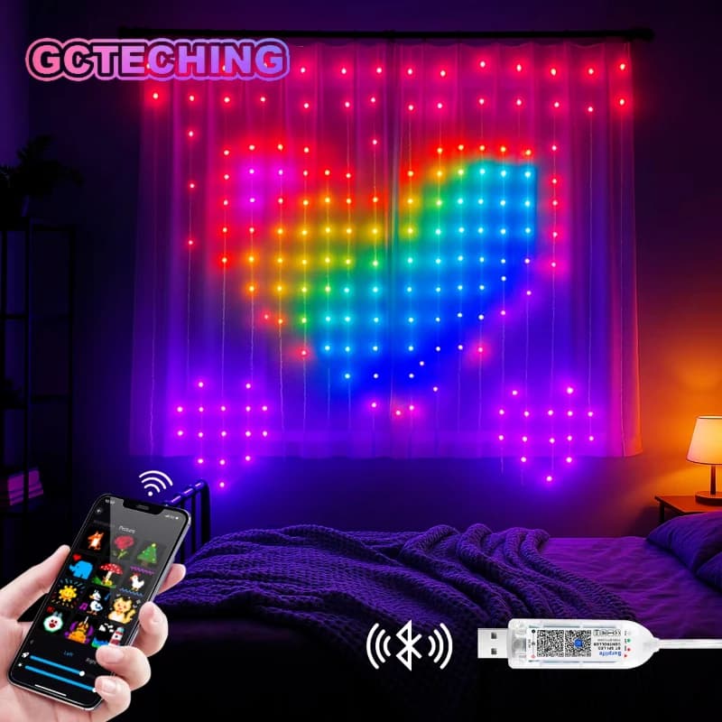 Smart BT APP DIY Text Anime Pattern Display RGBIC Fairy LED Curtain Light String Music Sync Valentine's Day/Birthday/Party Decor