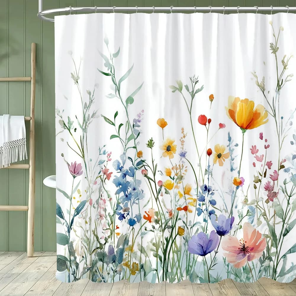 Tenda da Doccia Floreale, Tenda da Bagno con Motivi Floreali ad Acquerello, Tenda Decorativa Moderna in Tessuto con Ganci