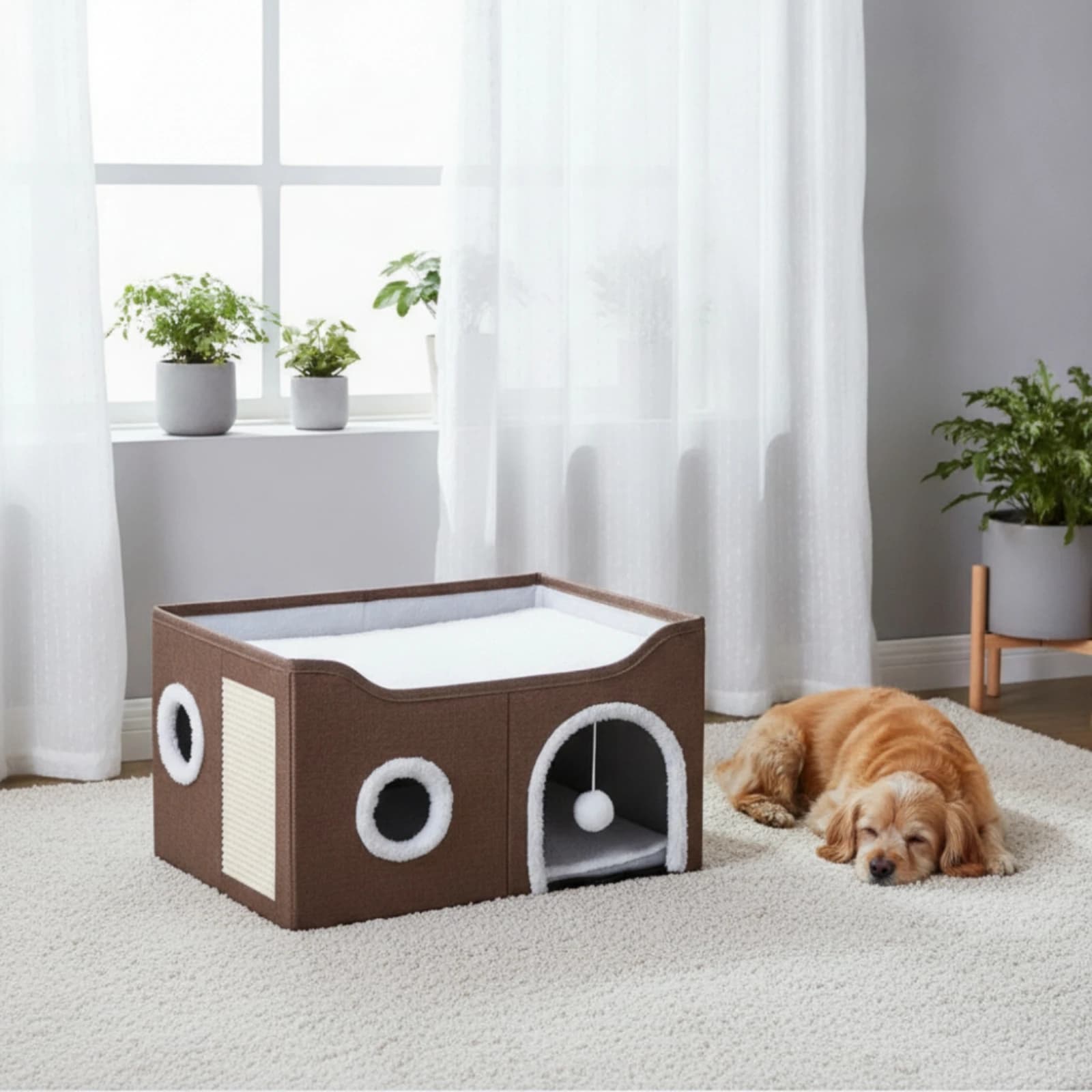 Cat House with Scratch Pad Collapsible Cat House with Hanging Ball Foldable Pet Box Easy to Assemble Portable for Cats