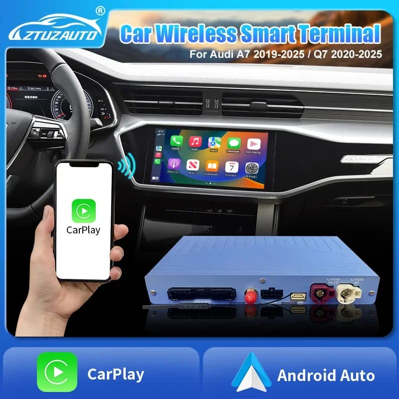 CarPlay Wireless per Audi A7 Q7 MIB3 2019-2025, Supporto Android Auto per Schermi da 8.8 e 10.1 Pollici, Telecamera Anteriore e Posteriore, Mirror-Link, Box Retrofit