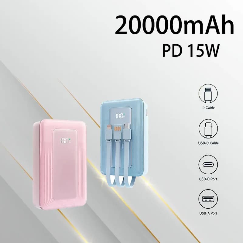 Power Bank 10000mAh 20000mAh con Cavo Integrato, Design Portatile per Esterni, Alta Sicurezza, Ideale per Emergenze e Uso all'Aperto