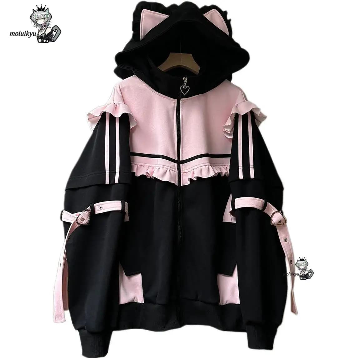 Felpa con Cappuccio Y2K Kawaii con Orecchie da Gatto per Donne, Giacca con Zip Rosa e Nera, Stile Dolce con Volant, Streetwear Harajuku, Felpa Gotica Estetica con Cintura