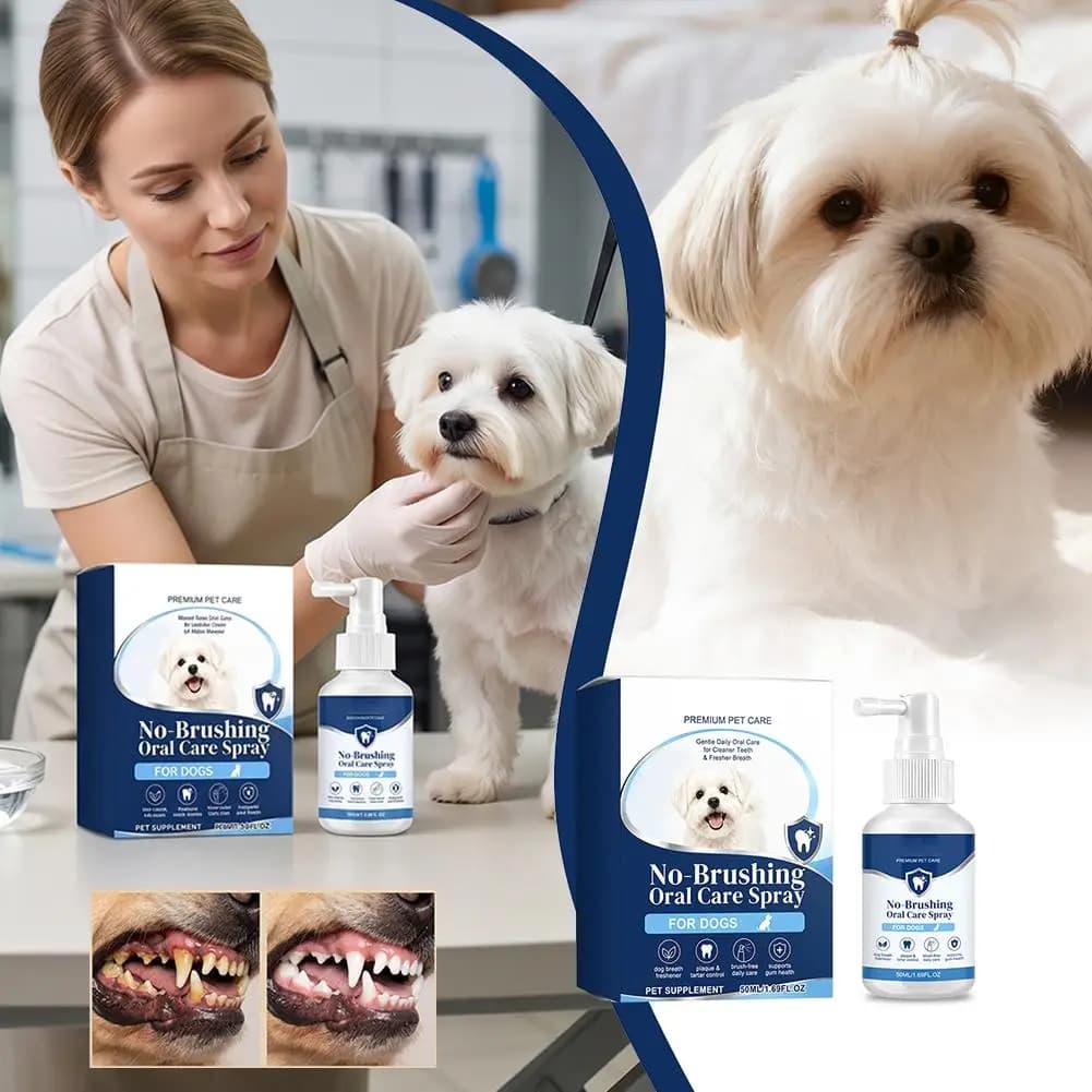 Spray for oral hygiene of dogs, refreshing spray for breath without brushing, spray for daily cleaning of teeth to reduce odours and promote the comfort of gums