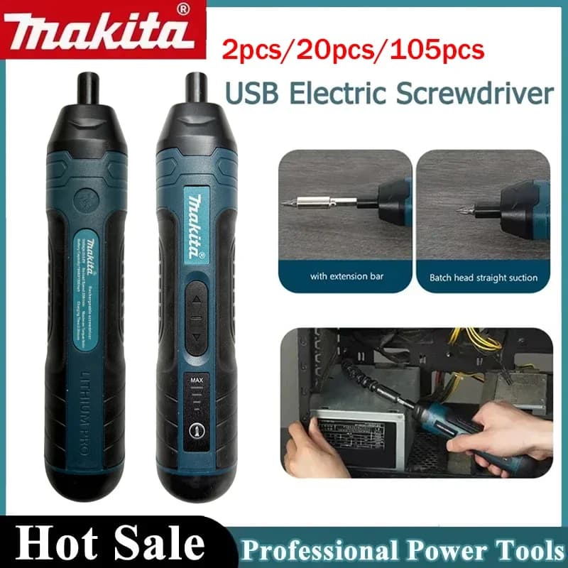 Makita Multifunction Electric Screwdriver, Set of 2/20/105 Pieces, Mini Trapano Rechargeable 1300mAh with Couple Adjustment
