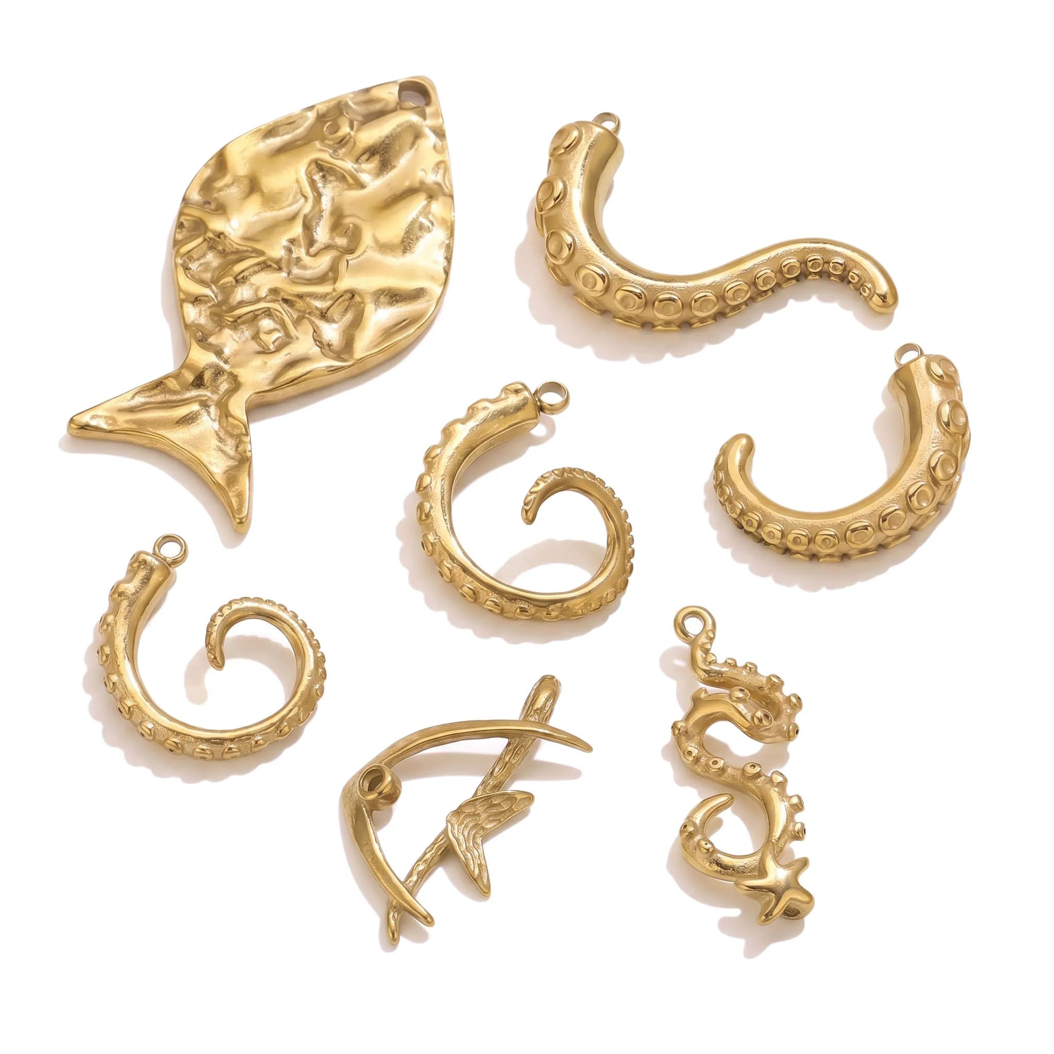 5pcs Gold Plated Stainless Steel Ocean Charms Octopus Tentacle Fish Seahorse Pendants for DIY Earrings Jewelry Making Supplies