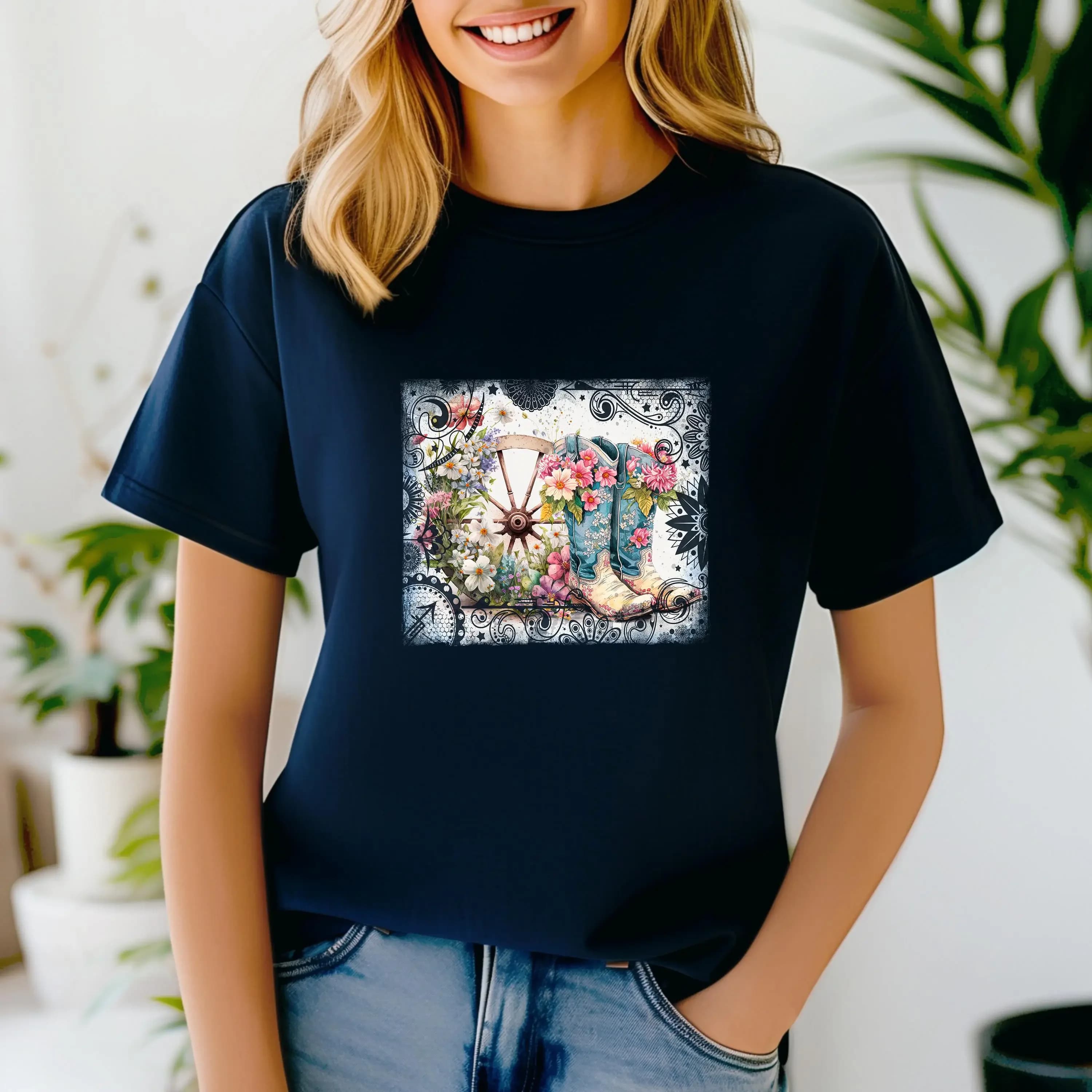 Wagon Wheel and Boot T Shirt Tshirt Graphic T s 100 Cotton Multiple Colors Available