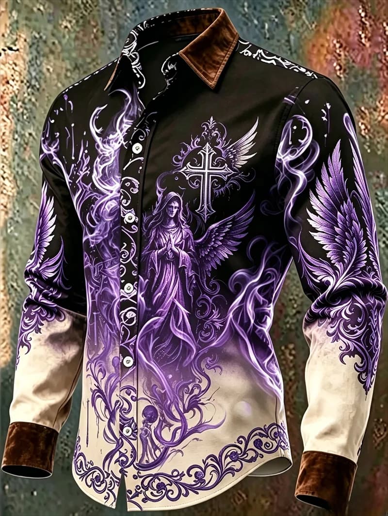 New black satin wolf head rose skull print men's long sleeved shirt with dark gothic style casual shirt