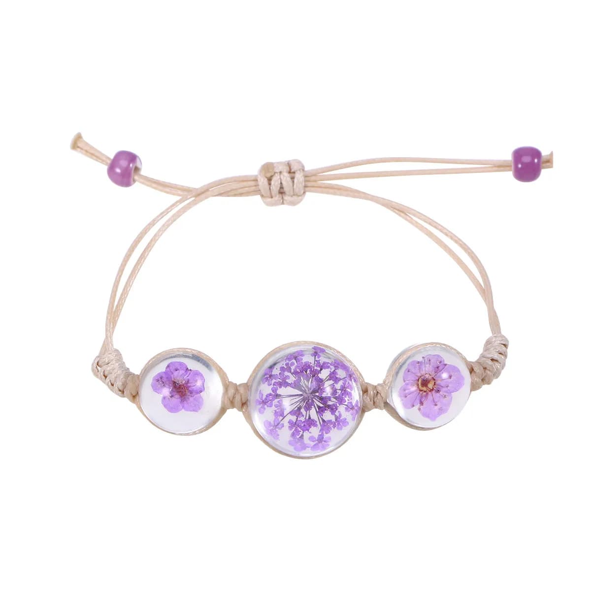 Braccialetto Regolabile con Sfera di Cristallo e Fiori Secchi Viola, Catena Intrecciata a Mano, Elegante Bracciale per Donne, Perfetto