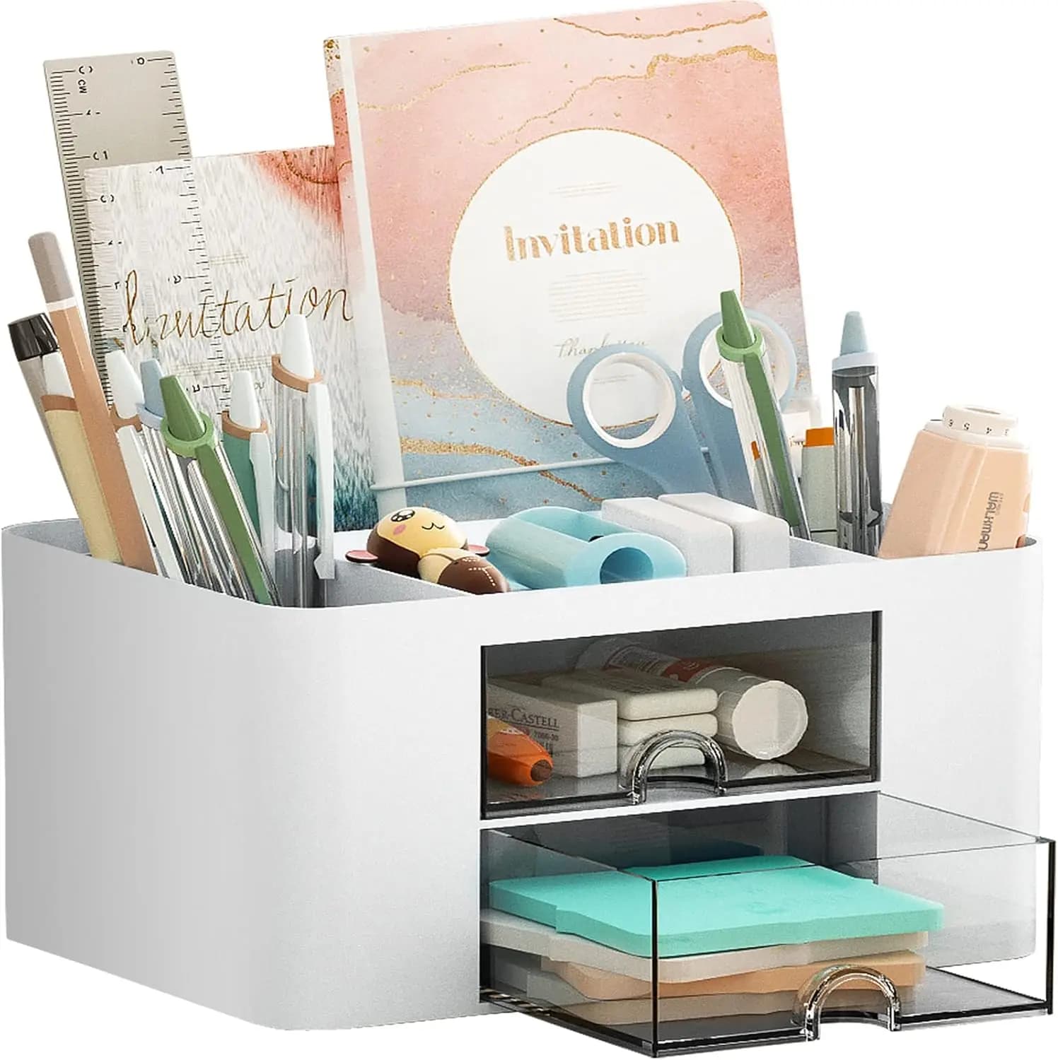 Organizer da scrivania multifunzionale con 5 scomparti e 2 cassetti per forniture da ufficio, bianco