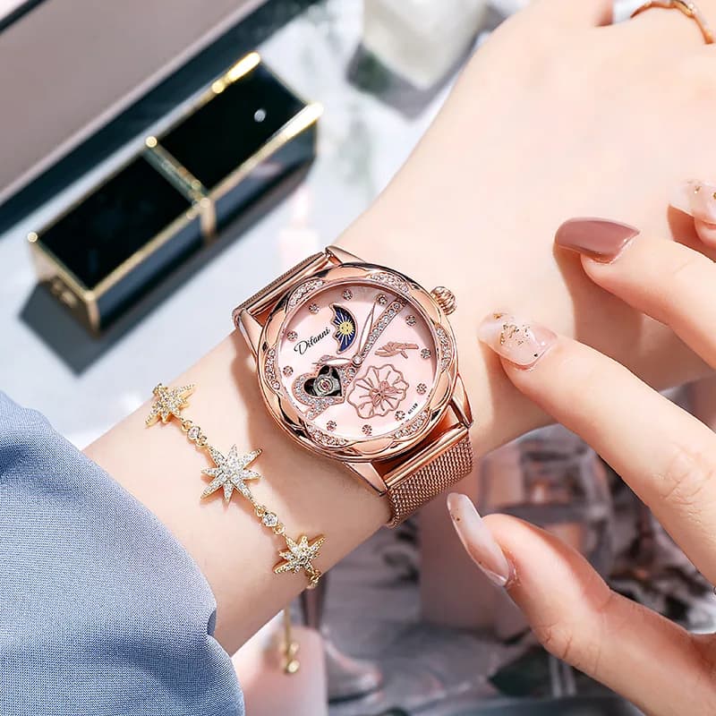 Luxury Moon Phase Fashion Watches with Stainless Steel Band New Automatic Mechanical Wristwatch for Women Reloj Mujer