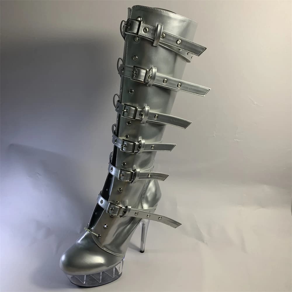Customized Nightclub Knee High Long Boots Sexy Women's Shoes 15cm Thin Heels Stilettos Fashion Large Size Platform Buckle Pumps