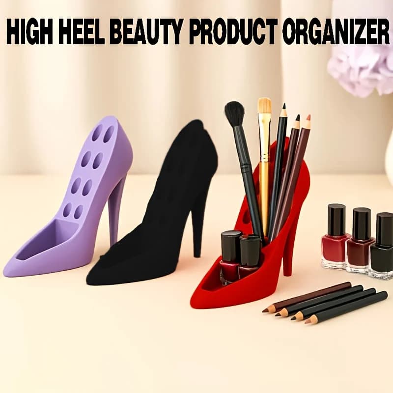 Organizer da Scrivania a Forma di Scarpa con Tacco Alto Stampato in 3D, Contenitore Cosmetico a 8 Fori per Eyeliner e Pennelli per Labbra, Decorazione per Vanità