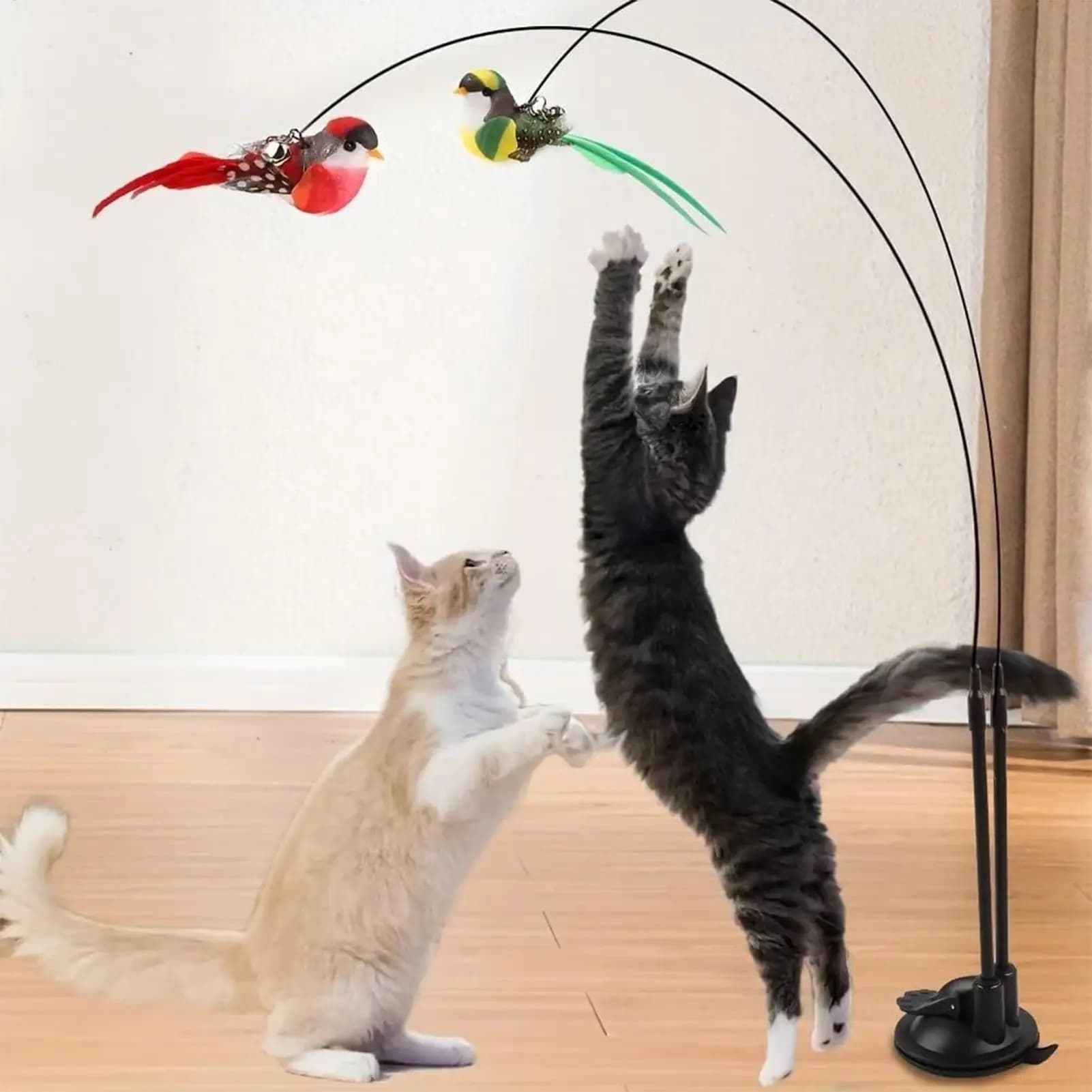 Cat Teaser Toy Cat Teaser Stick Removable Suction Double Simulated Chirping Bird Game 2 In 1 for Weight Management Agility