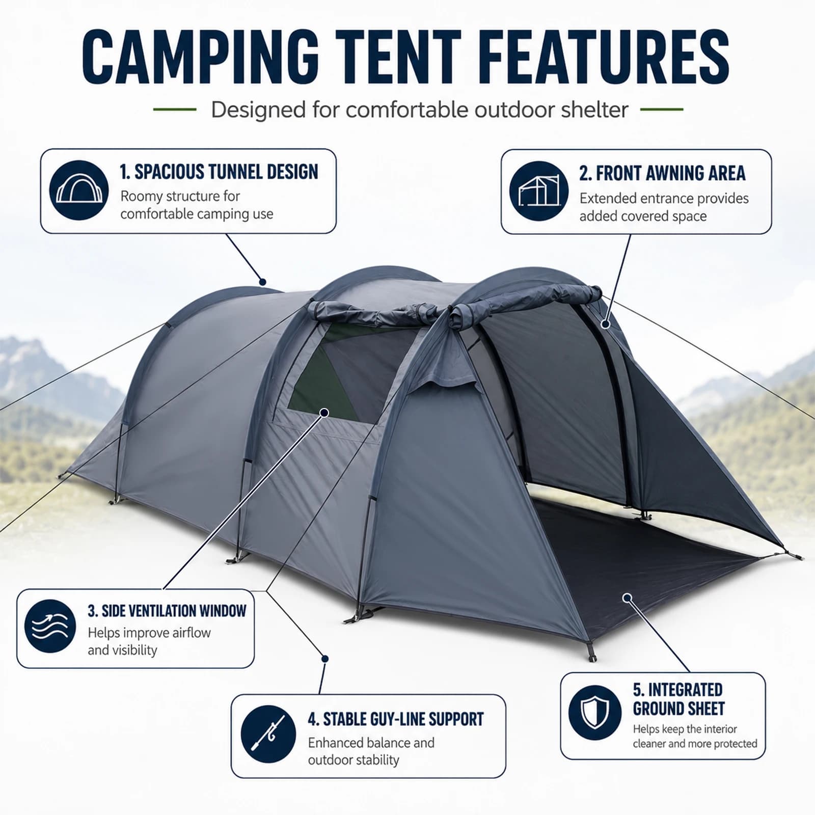 Outdoor Tunnel Tent 2-3 Person Double Layer Camping Tent with Ventilation Window Front Porch for Garden Seaside