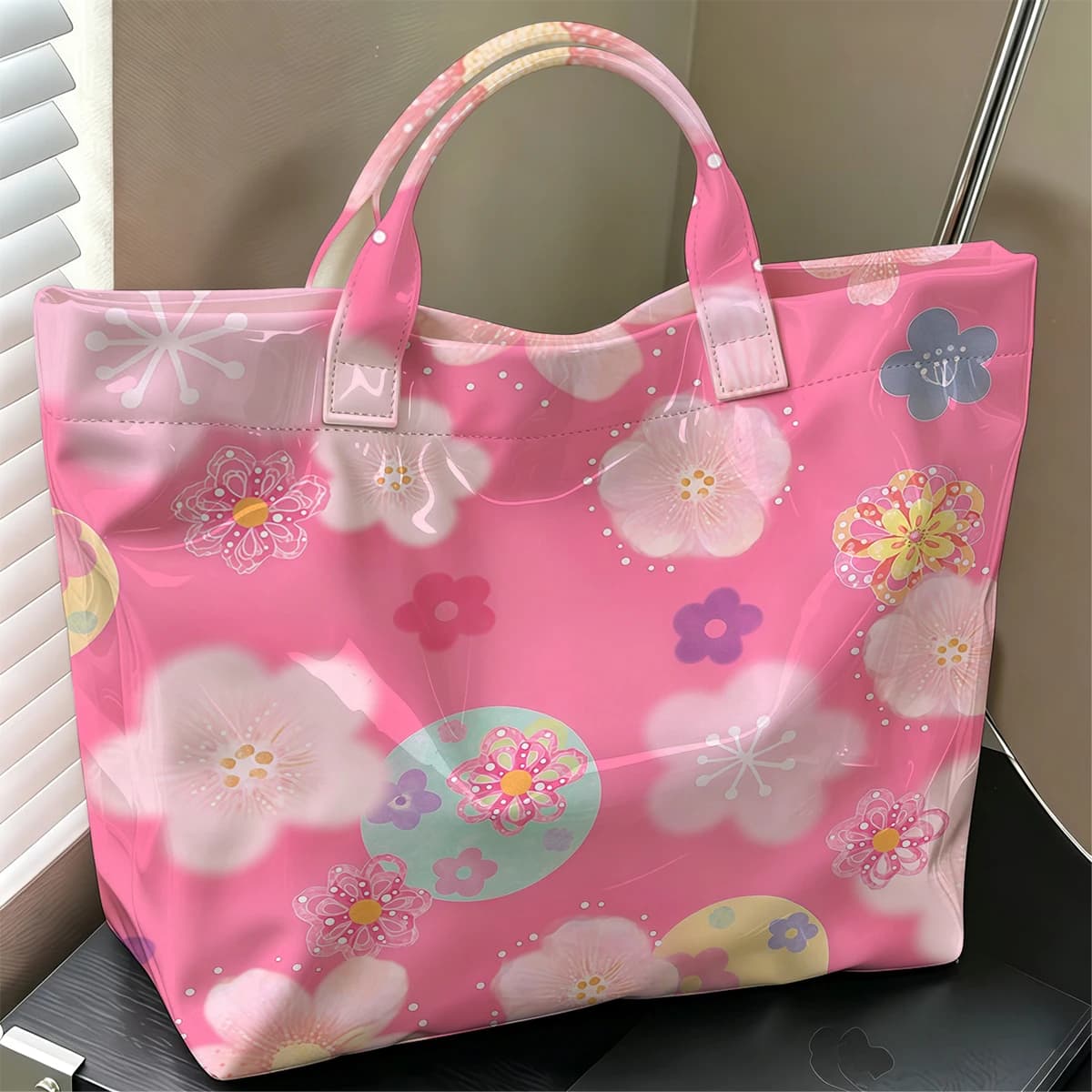Cherry Blossom Ditsy Fashion Large Glossy PVC Tote Bag Hand Washable Waterproof Perfect Travel Commute Cosmetic Storage Shopper