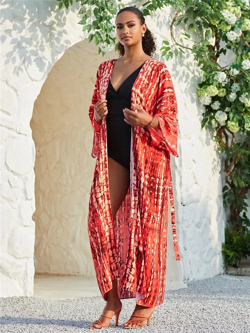 Women's Cardigan Kimono printed Tie Dye wrapping dresses with belt bath dresses for summer holidays