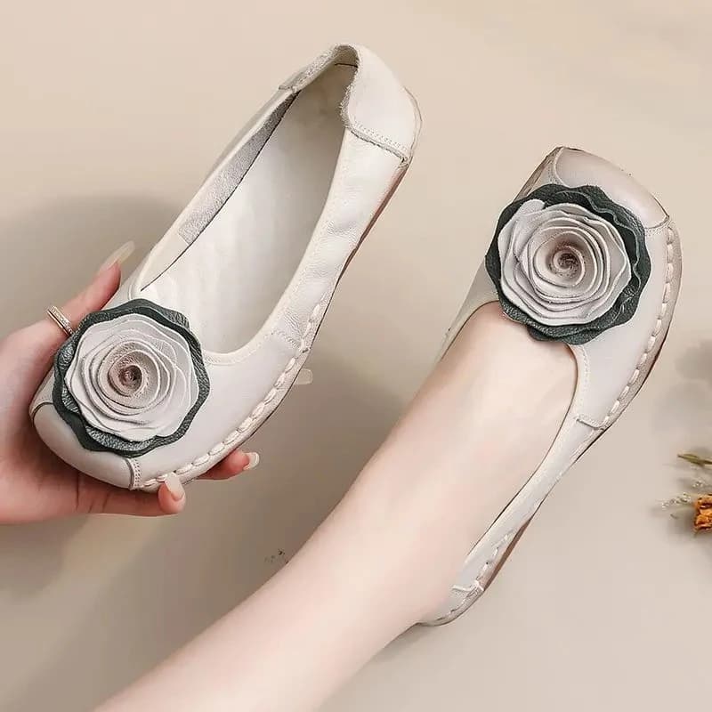 Woman New Spring luxury cowhide leather shoes handmade flower flats retro wedged loafers ladies chic soft red dressy moccasins