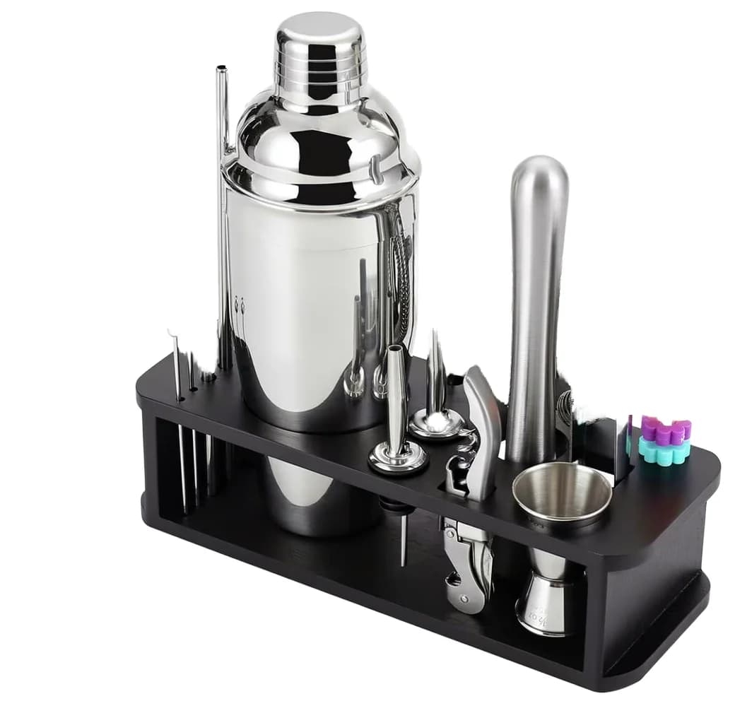 KANGQIANG Modern Stainless Steel Cocktail Shaker Set Wooden Stand | 12-Piece Eco-Friendly Bar Tools Accessories Home Cocktail