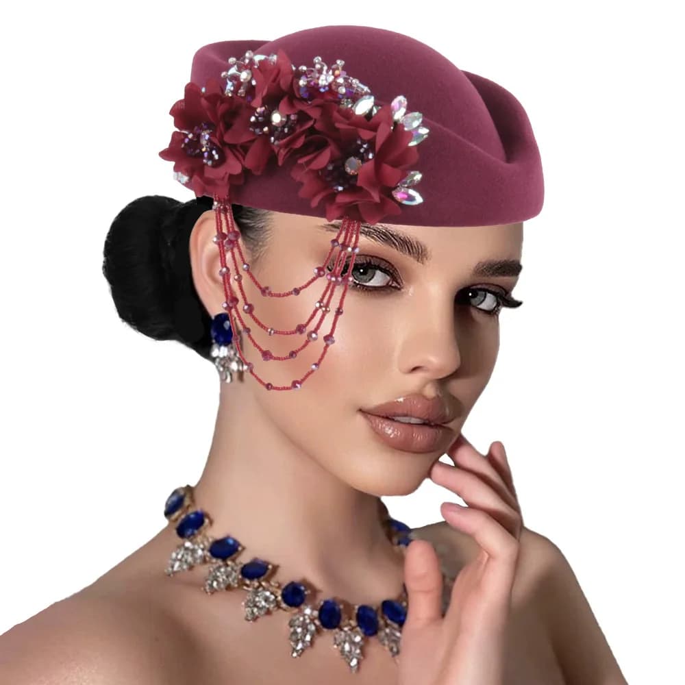 European Vintage British Felt Turban Hat for Women, Church Derby Rhinestone Fringe Headpiece, Soft Beret Cap