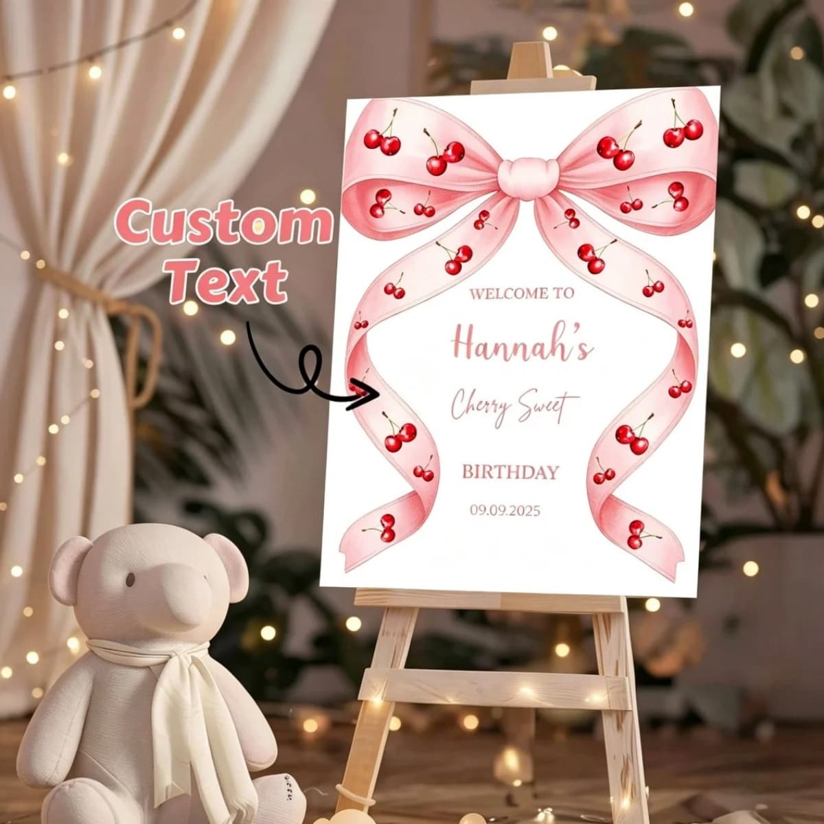 Personalized "Sweet Cherry" Birthday Welcome Sign – Home Decor, Birthday Decoration, Wall Art; Flat-Printed Material, Keepsake