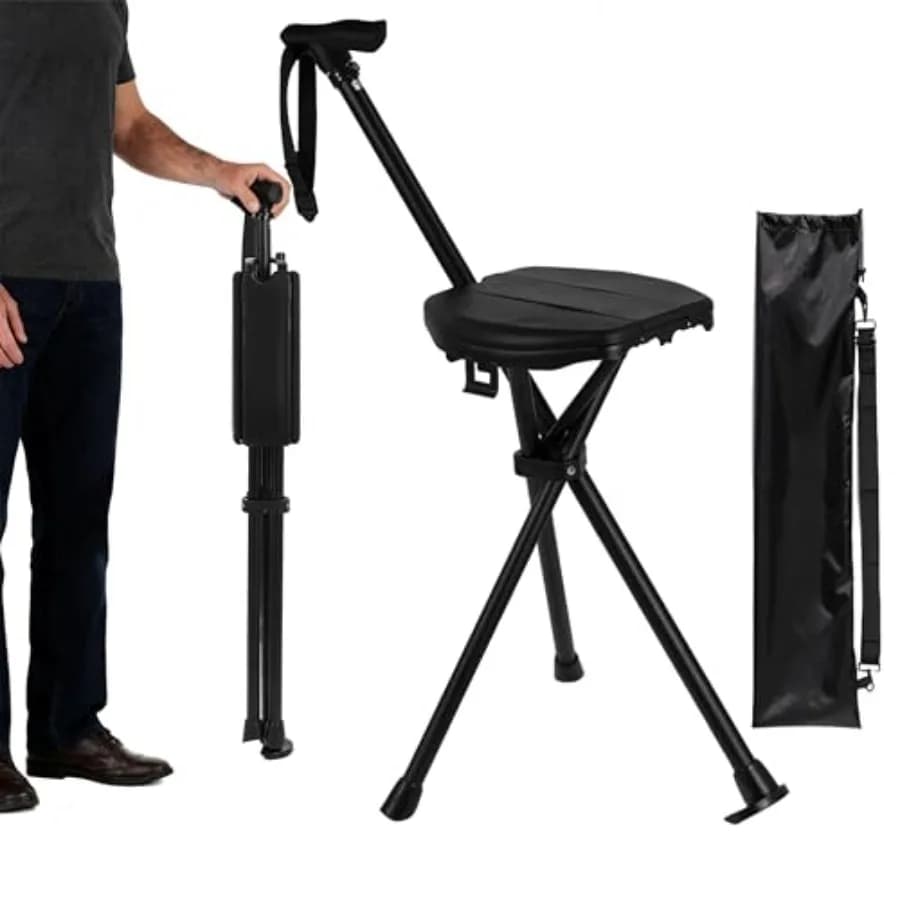 Bastone da Passeggio Pieghevole 2-in-1 con Sedile, Regolabile, Robusto, Antiscivolo, Leggero in Alluminio per Escursionismo