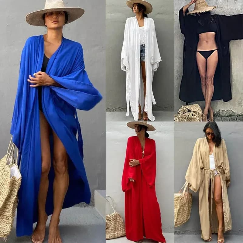 Kimono da Donna Copricostume da Spiaggia Cardigan Robe De Plage Tinta Unita Copricostume Bikini Lungo Sexy con Cintura Vestito Estivo Avvolgente Bohemien