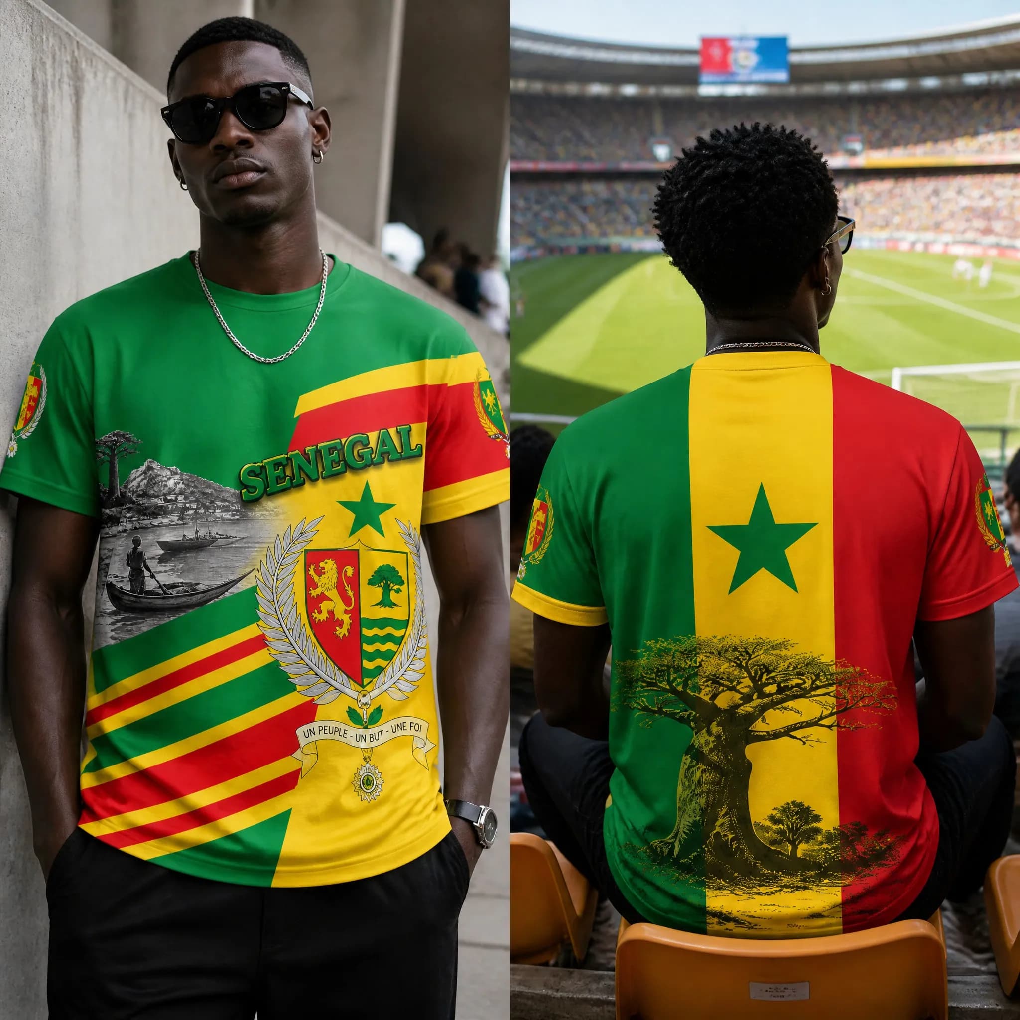 Senegal Mens Baobab Crest Graphic Tee Flag Stripe Shirt Short Sleeve Football Fan Top Street Stadium Casual Outfit Wear Heritage