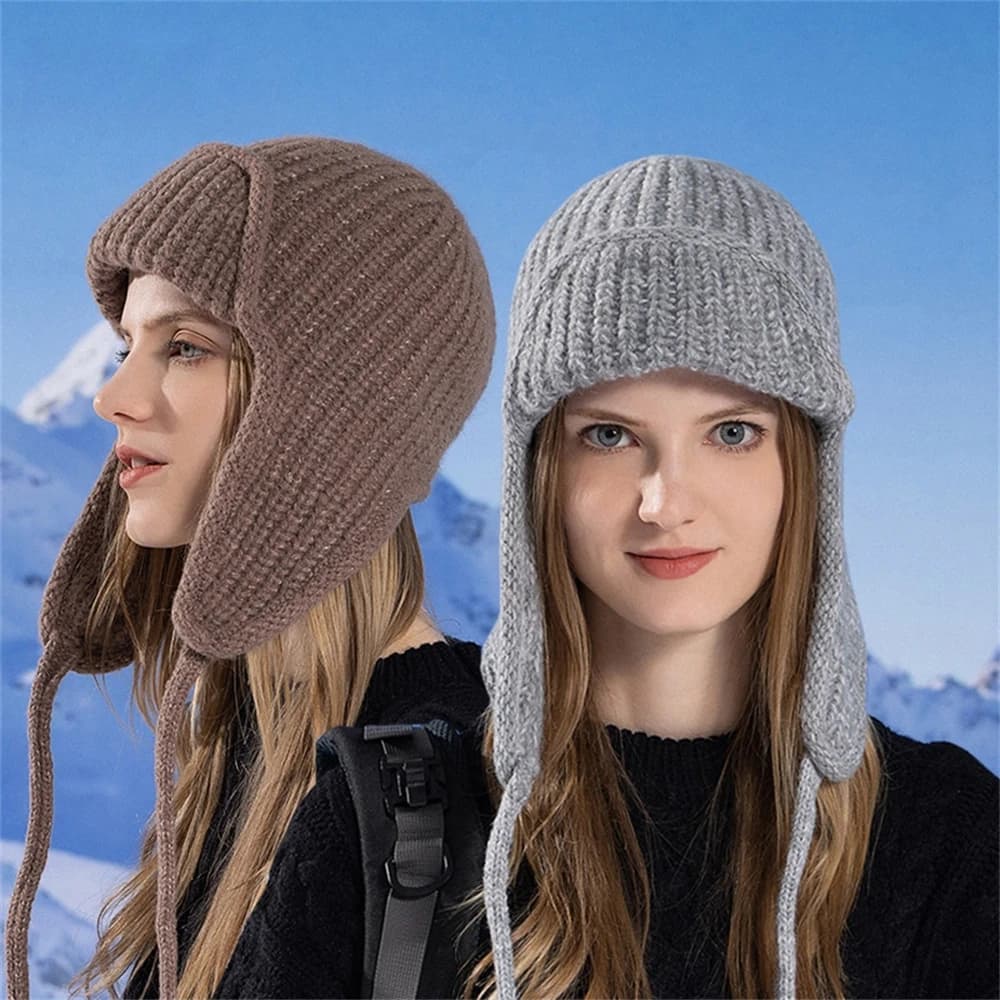 Cappello lavorato a maglia con protezione per le orecchie calda femminile Cappelli di lana tinta unita autunno e inverno Cappellini stringati ispessiti moda coreana all'aperto