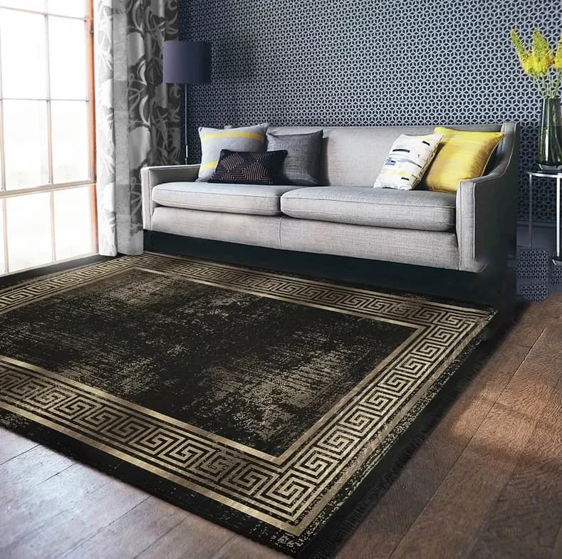 Tappeto con Bordo Decorativo Stile Greco, Tappeto Bohemien con Frange Antiscivolo, Tappeto Multiuso Antiscivolo con Motivi Geometrici Astratti per la Casa